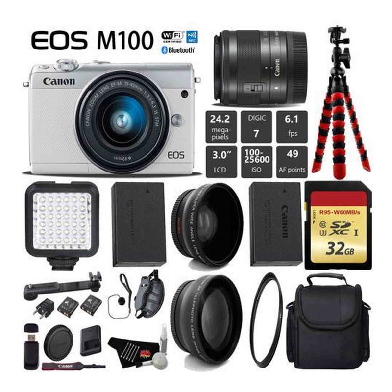 Canon EOS M100 Mirrorless Digital Camera (White) with 15-45mm Lens Travel Vlogger Bundle