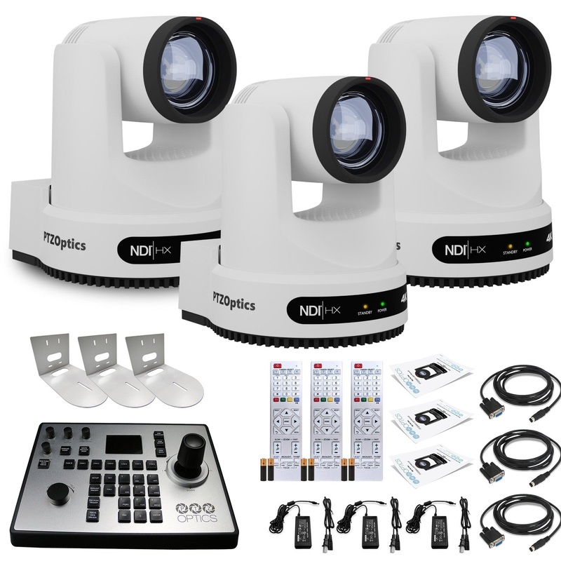 3 x PTZOptics Move 4K PTZ Camera with 12x Zoom (White) (PT12X-4K-WH-G3) + PT-JOY-G4 Controller + 3 x Wall Mount