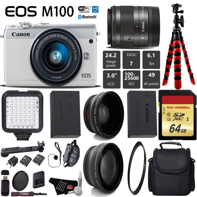 Canon EOS M100 Mirrorless Digital Camera (White) with 15-45mm Lens Filter Kit Bundle