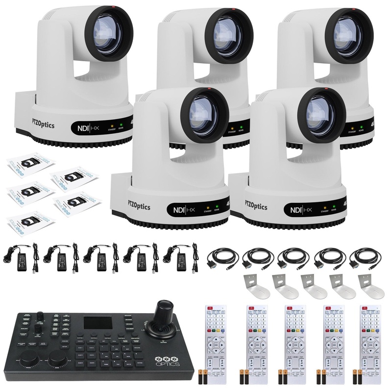 5 x PTZOptics Move 4K PTZ Camera with 12x Zoom (White) (PT12X-4K-WH-G3) + SuperJoy PTZ Controller + 5 x Wall Mount