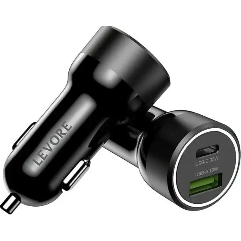 Levore Car Charger 51W 1XUSB-C PD and 1XUSB-A QC3 Port – Black – LGC121-BK