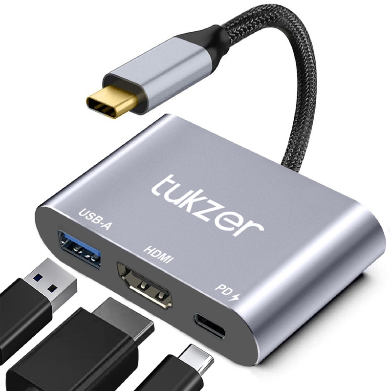 (Open Box) Tukzer 3-in-1 USB Type C to HDMI Adapter 4K@30Hz, 100W PD Fast Charging Port, USB A 3.0 @5Gbps Speed, MultiPort HUB for MacBook Pro Air, Windows, Laptop, iPad, Tablet, Smartphone & All Type C Devices