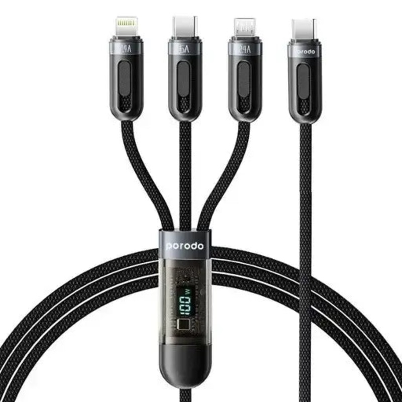 Porodo 3-IN-1 Digital-Display Fast Charging 1.2M Cable Type-C to Type-C + Lightning + Micro – BLACK