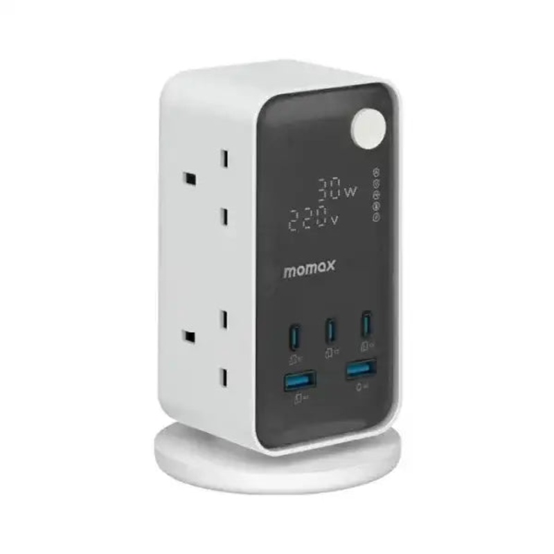 US21UKW | Momax 1-ChargeWorkFlow6-OutletDigitalDisplayPowerTowerwithUSB| White