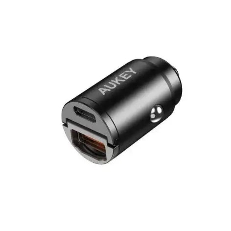 Aukey 30W PD Metal Dual Port Fast Car Charger with PPS & QC 3.0 – Black