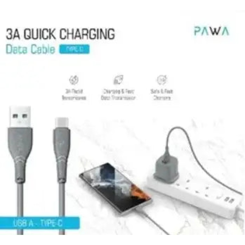 Pawa – PW-12PVCATOC-GY,Pawa USB-A to TYPE-C 3A Quick Charging PVC Cable 1.2m/4ft,Grey