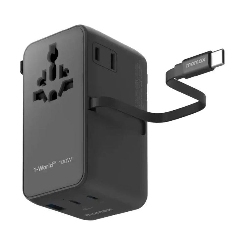 UA25D | Momax 1-World2+100W4-PortDualACTravelAdaptorwithBuilt-inretractableCable| Black