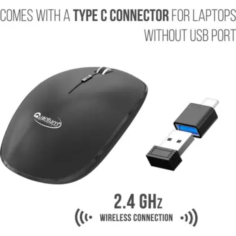(Open Box) QUANTUM QHM260 with USB Nano Receiver & USB to Type-C Connector, 1600 DPI, 2.4 GHz Wireless Optical Mouse