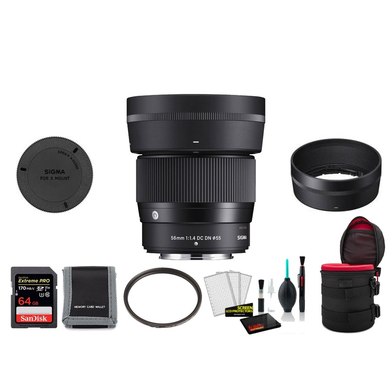 Sigma 56mm f/1.4 DC DN Contemporary Lens for FUJIFILM X – with 64GB Memory Card and More