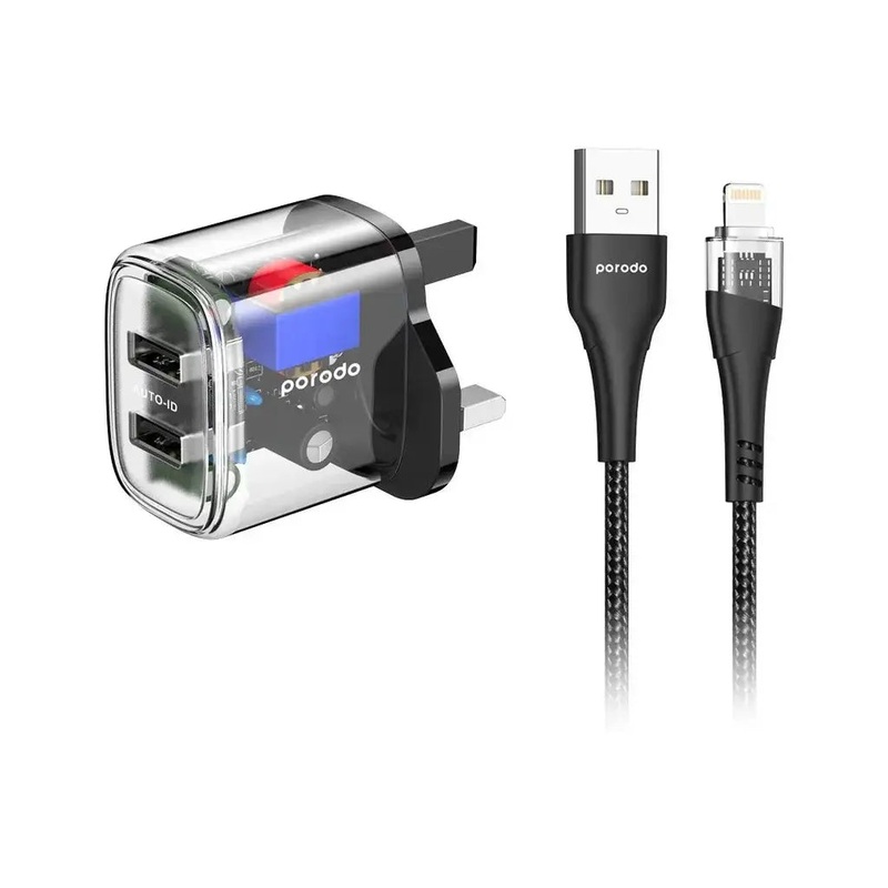 Porodo Dual Output Transparent Charger 2.4A UK with USB-A to Lightning Cable 1.2M – Black