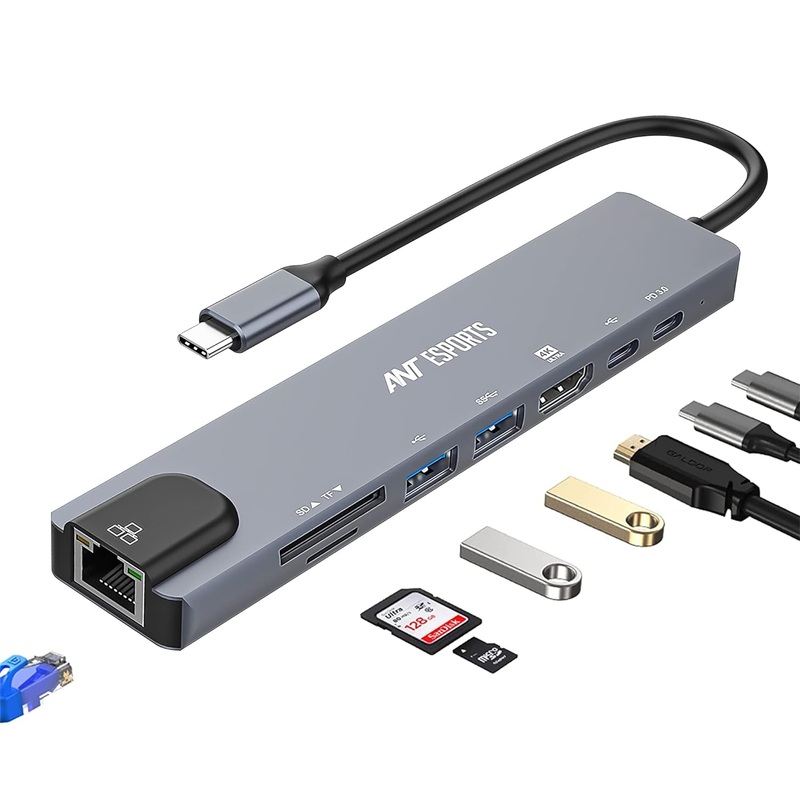 (Open Box) Ant Esports AEC810 8-in-1 USB C HUB HDMI Adapter, Type C Ethernet Card Reader,1*USB 3.0 Ports, 1*USB 2.0 Ports,Ethernet Port, SD/TF Card Slots, Compatible with Windows, Apple, Linux, Android  Grey