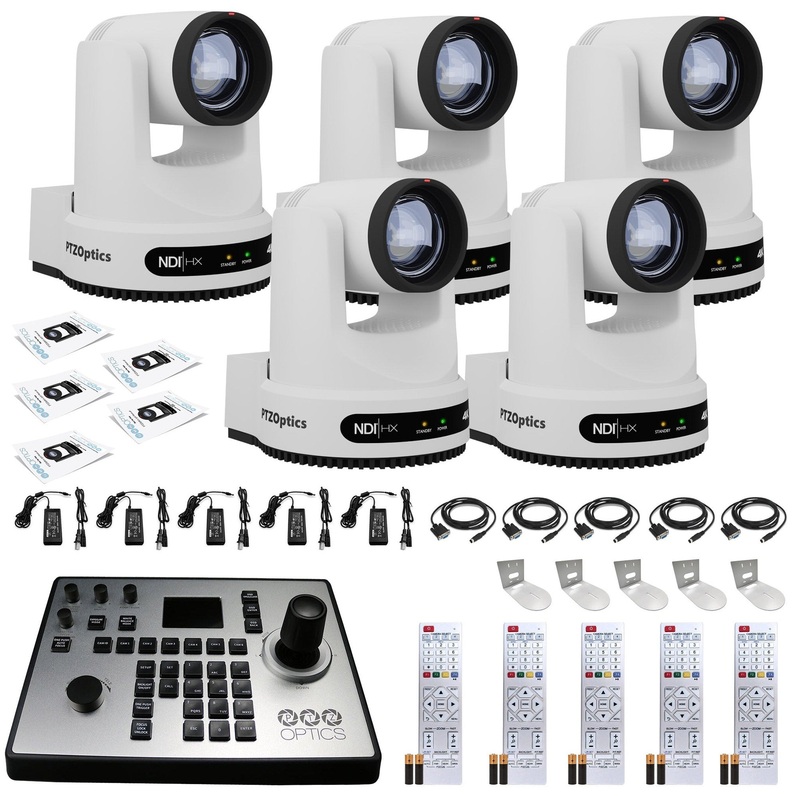 5 x PTZOptics Move 4K PTZ Camera with 12x Zoom (White) (PT12X-4K-WH-G3) + PT-JOY-G4 Controller + 5 x Wall Mount