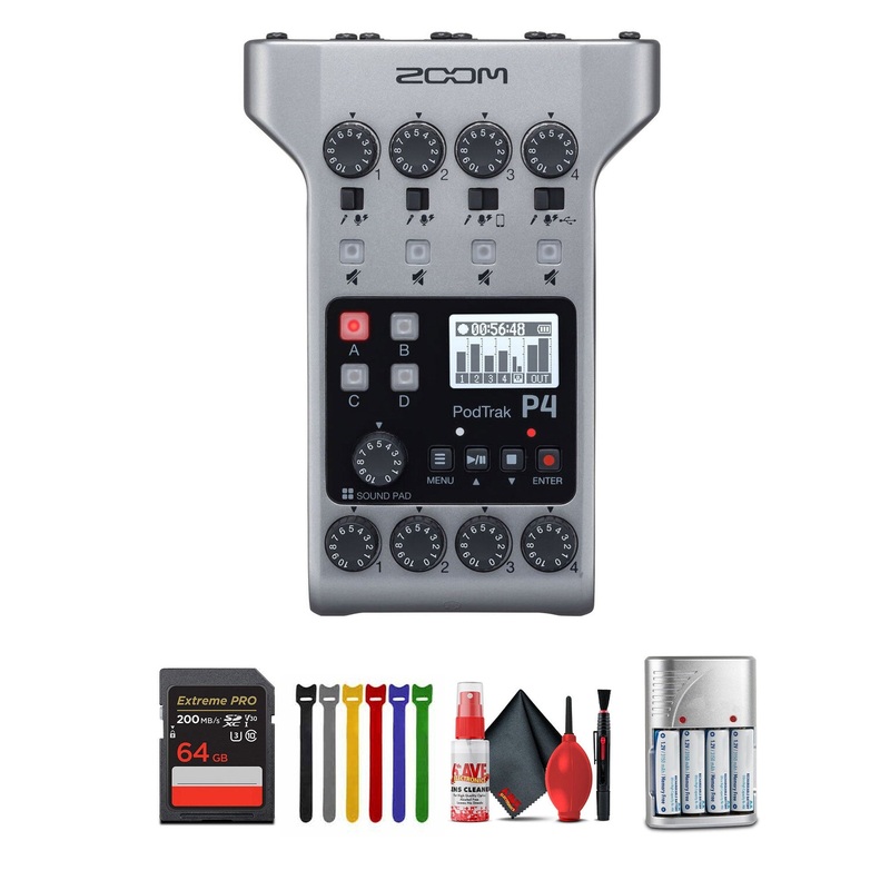 Zoom PodTrak P4 Portable Podcast Recorder + 64GB Memory Card, Bundle