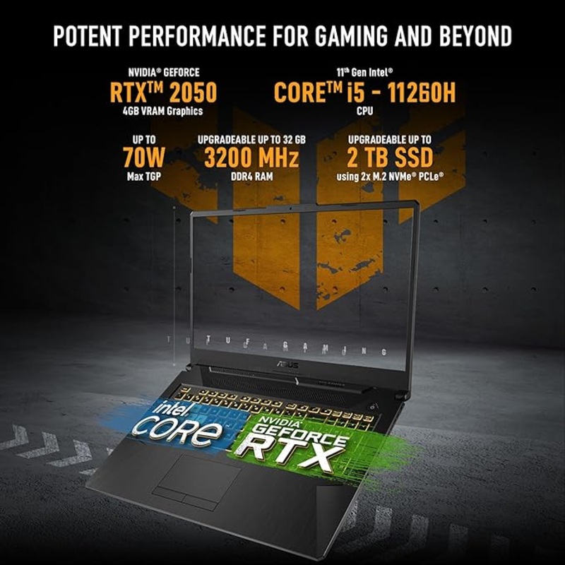 (Brand Refurbished) ASUS TUF Gaming F17 – Gaming Laptop, Intel Core i5-11260H 11th Gen, 17.3-inch (43.94 cm) FHD 144Hz, (8GB/512GB SSD/4GB NVIDIA RTX 2050/Win 11/ RGB Backlit/Black/2.60 kg),FX706HF-HX044WS