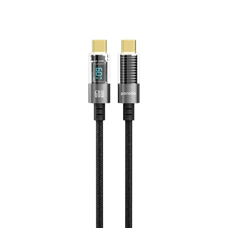 Porodo 60W Type-C to Type-C Braided Cable with PD Display 1.2M – Black