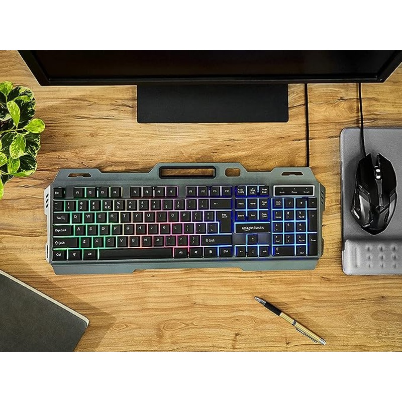 (Open Box) Amazon Basics Wired Gaming Keyboard and Mouse Combo | Multicolor RGB LED Backlight Effects, Multimedia Keys, Durable Aluminum Body
