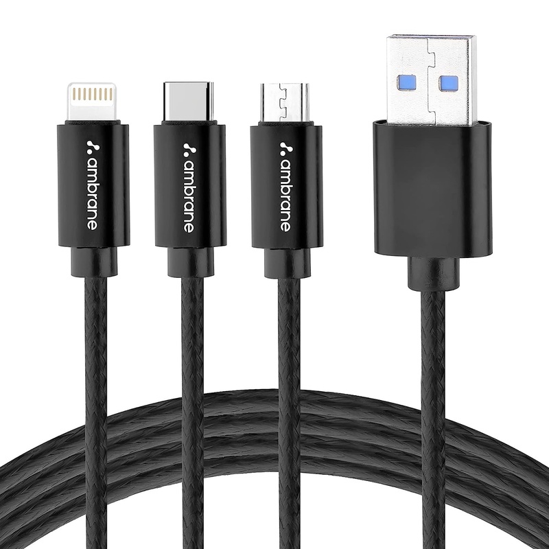 (Open Box) Ambrane Unbreakable 3 in 1 USB Fast Charging Cable with Type C, Lightning, Micro USB Port with 2.1 A, Compatible with iPhone, iPad, Samsung, OnePlus, Mi, Oppo, Vivo, Xiaomi, 1.25M (Trio-11, Black)