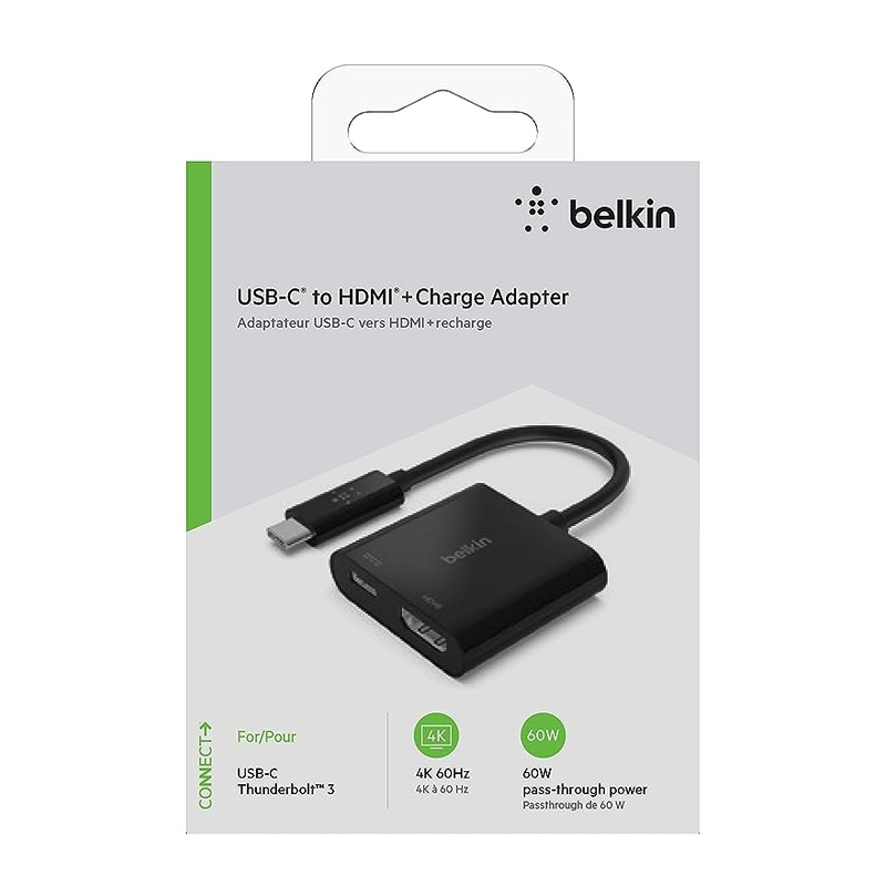 (Open Box) Belkin USB-C to HDMI Adapter + Charge (Supports 4K UHD Video, Pass-Through Power up to 60W for Connected Devices) HDMI Adapter- Black