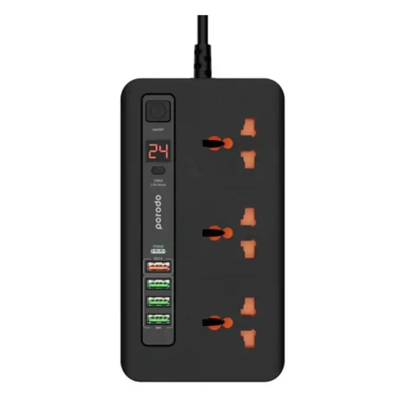 Porodo Multi-Port Super HUB 2 USB-C/ 4 USB-A Universal AC Sockets – 3 Meter / Black