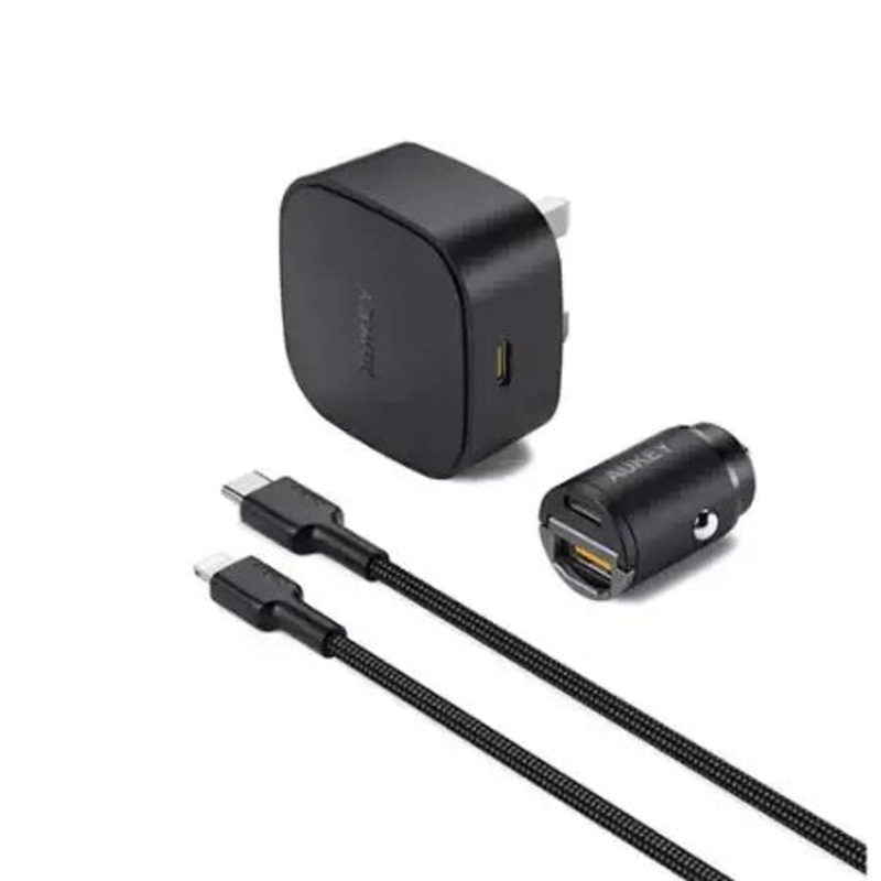 Aukey Compact PD Charger – Type C Output + USB-C – Lightning Cable + World Smallest Car Charger