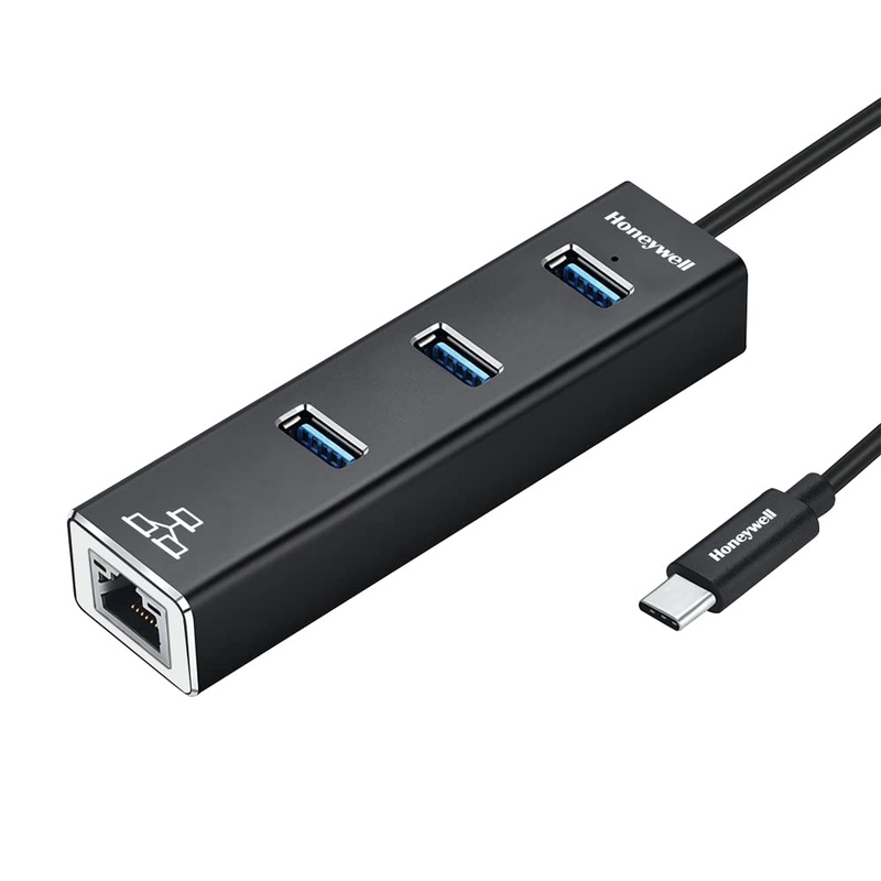(Open Box) Honeywell 4-in-1 Type C 3.1 to USB 3.0 with RJ45 Gigabit Ethernet Adapter, 5GBPS Transfer Speed, 3×3.0 USB Ports, 1Gbps Bandwidth, Universally Compatible with Type C MacBooks, laptops, PCs, Tablets