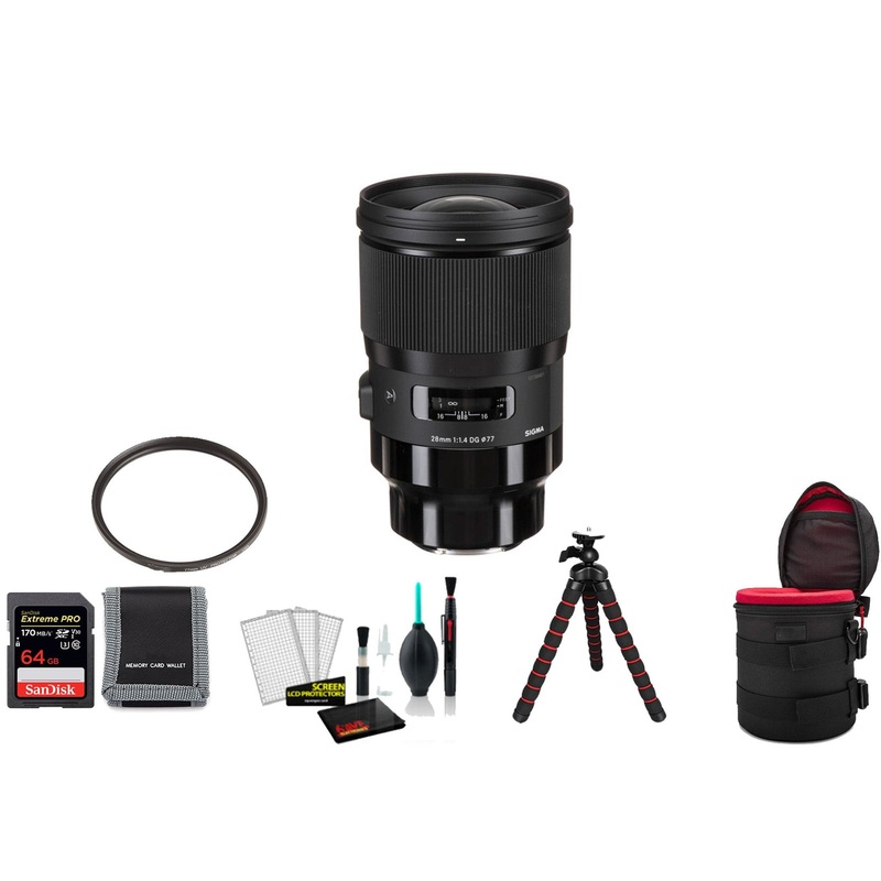 Sigma 28mm f/1.4 DG HSM Art Lens (Sony E) with 64GB Memory Card and UV Filter