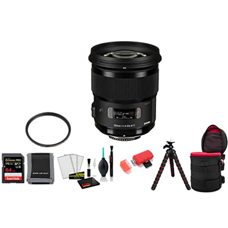 Sigma 50mm f/1.4 DG HSM Art Lens for Nikon F with 64GB Memory Card and UV Filter (International Model)