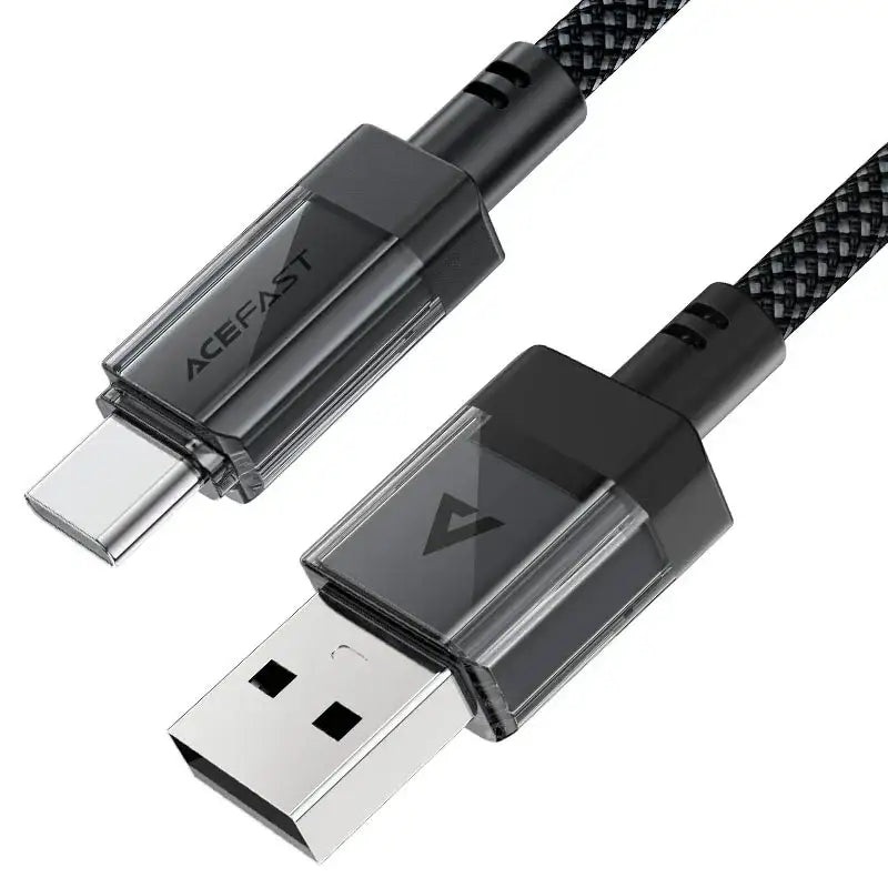 AceFast | 18477 | C12-04 | Usb A To Usb C Transparent Shell Stainless Steel Charging Data Cable | Black