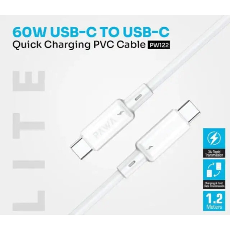 PW-BDC312CC-WH | PAWA Lite 60W TypeC to TypeC Quick Charging PVC Cable 1.2M PW122 | White