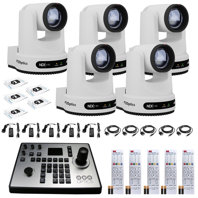 5 x PTZOptics Move 4K PTZ Camera with 12x Zoom (White) (PT12X-4K-WH-G3) + PT-JOY-G4 Controller