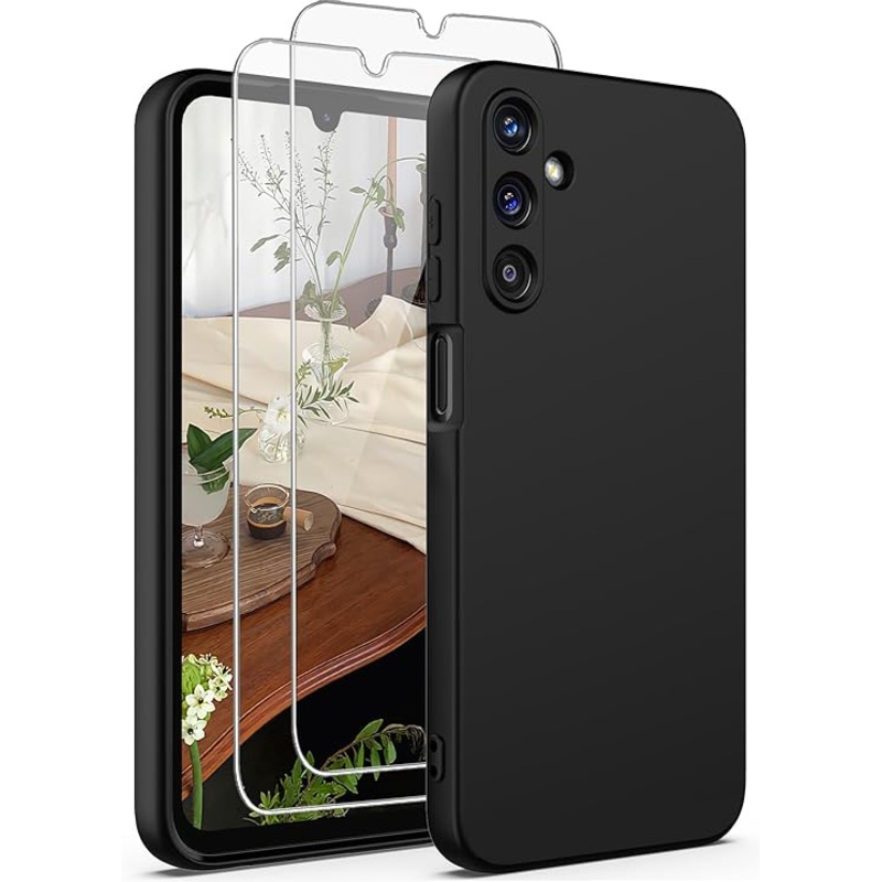 Yucenx Samsung Galaxy A15 5G Case with 2X Screen Protector, Camera Protection, Soft Anti-Scratch Microfiber Lining, Ultra Slim Liquid Silicone Protective Phone Case (Black)