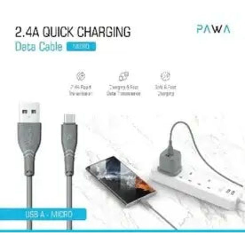 Pawa-PW-12PVCATOM-GY,Pawa USB-A to MICRO 2.4A Quick Charging PVC Cable 1.2m/4ft,Grey