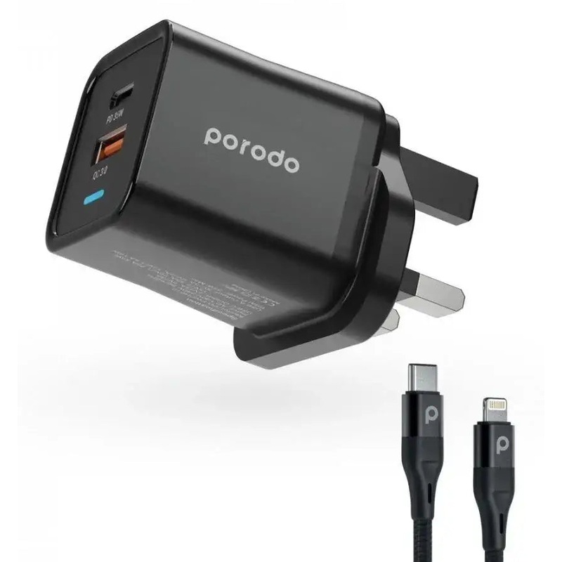 Porodo PD-FWCH010-L-BKPorodo Dual Port PD + USB-A ( 35W+18W) Charger With Type-C To Lightning Black