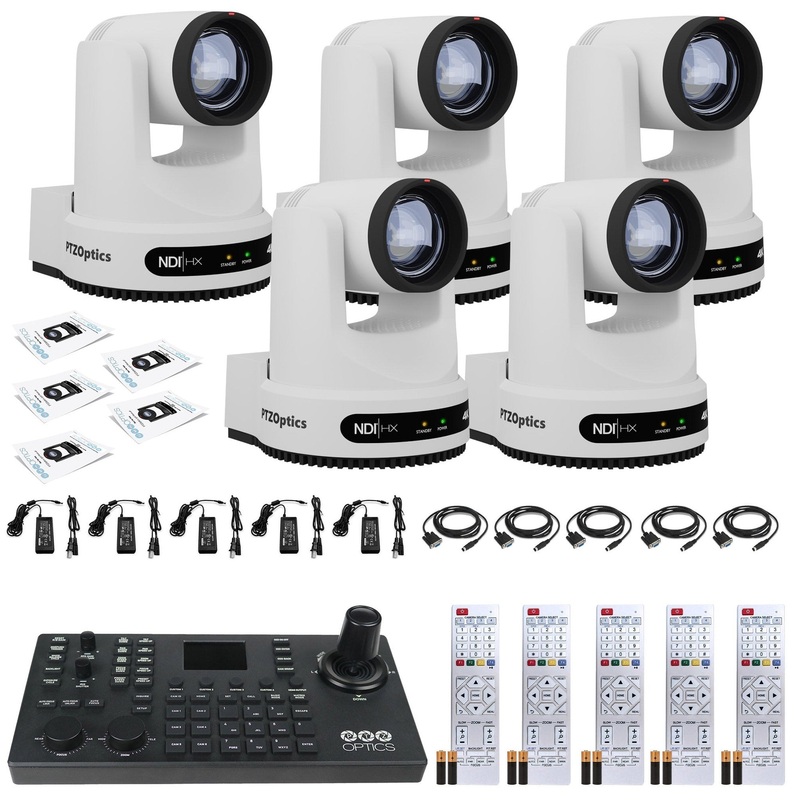 5 x PTZOptics Move 4K PTZ Camera with 12x Zoom (White) (PT12X-4K-WH-G3) + SuperJoy PTZ Controller