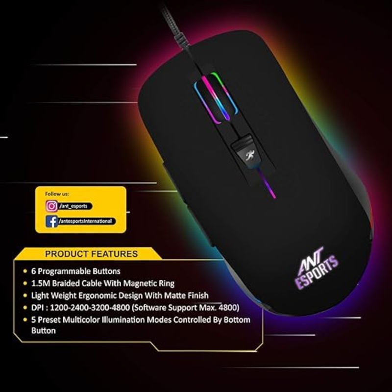 (Open Box) Ant Esports GM100 RGB Optical Wired Gaming Mouse | 4800 DPI for FPS and MOBA Games Blac