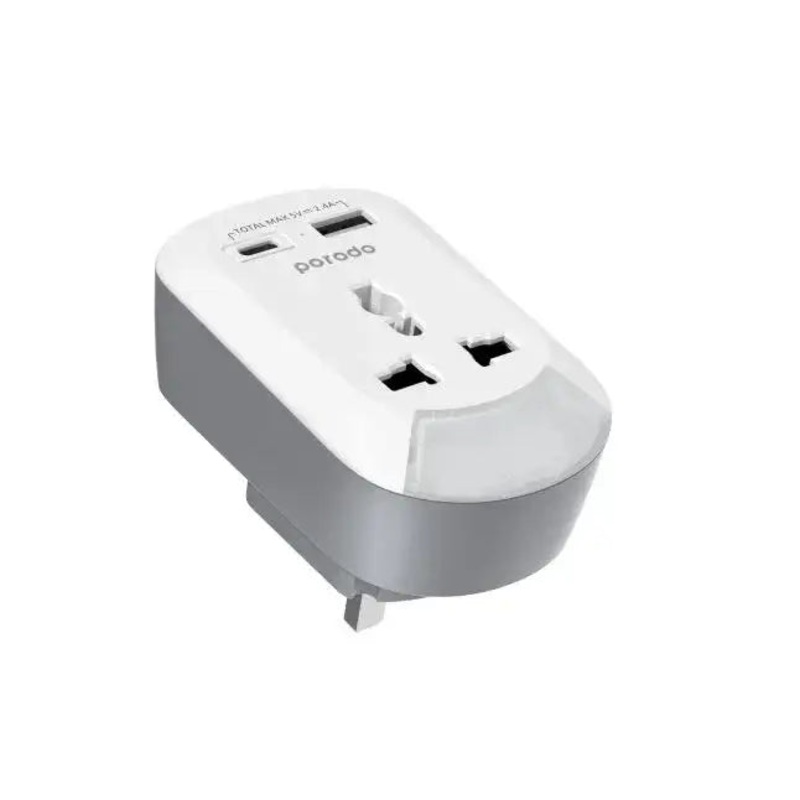 Porodo Universal AC Socket UK Plug Adapter Nightlight/USB-A /USB-C White