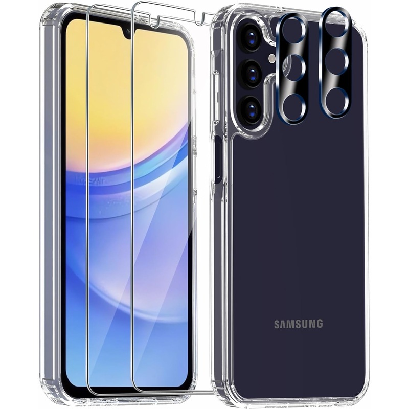 Wiaocit 5 in 1 Cover for Samsung Galaxy A15 5G Case with 2 Pack Tempered Glass Screen Protector+2 Pack Camera Lens Protector, Slim Thin Shockproof Phone Case, Clear (Copy)