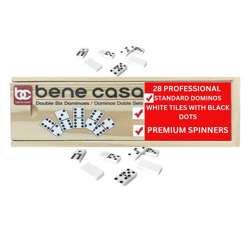 Bene Casa – Hand Crafted Double 6 Dominoes Set with Wooden Storage Box – 28 Piece Set – Dominoes Feature Brass Spinners
