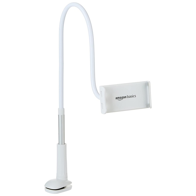 (Open Box) Amazon Basics Universal Mobile & Tablet Holder 360 Rotation, Long Flexible Alloy Arm | Stand for Desk, Table, Bed, Kitchen, Bathroom for 4.6-Inches to 10.4-Inches Tablet/Smartphones (White) Tabletop