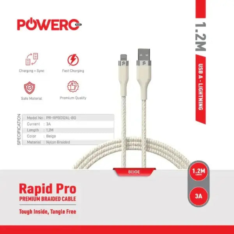 PR-RPBD12AL-WH | PowerO+ Rapid Pro Premium Braided Cable USB-A to LIGHTNING | 1.2M | White