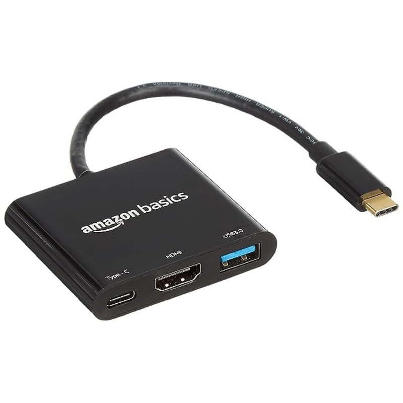 (Open Box) Amazon Basics 3-in-1 USB Type C Adapter with HDMI/USB 3.0 Port/Type-C Outputs