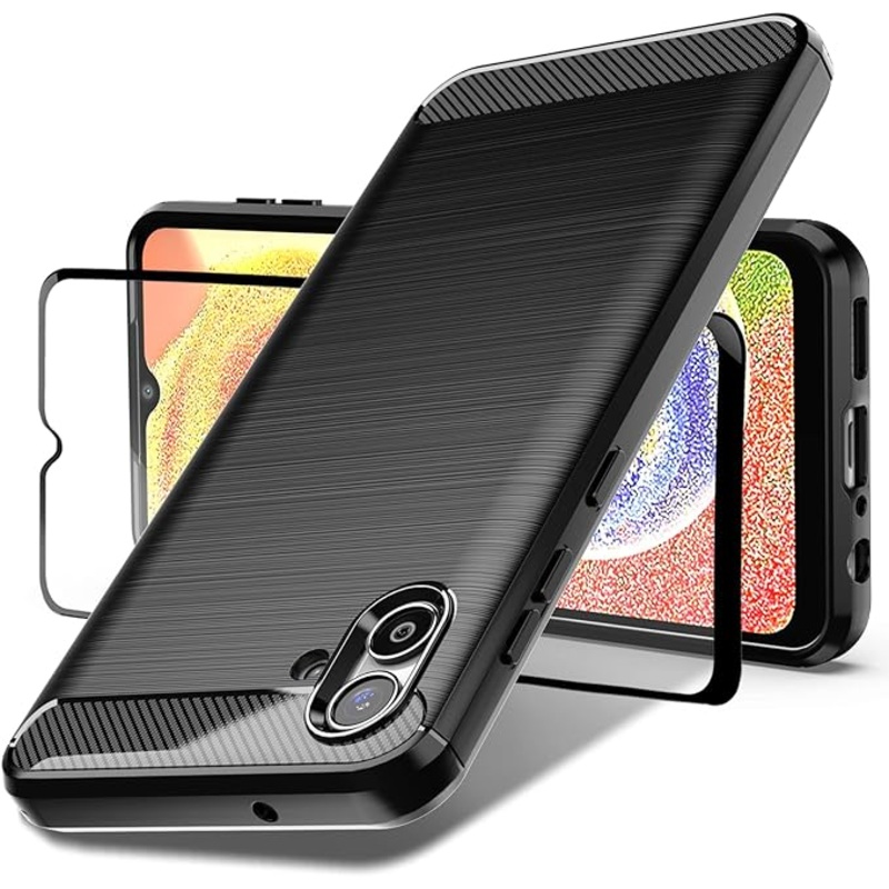 Dretal Samsung A04 Case with Tempered Glass Screen Protector, Shock-Absorption Brushed Flexible Soft TPU Carbon Fiber -Black)