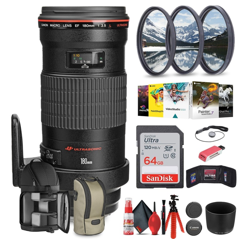 Canon EF 180mm f/3.5L Macro USM Lens with 64GB Extreme Pro Card + More –