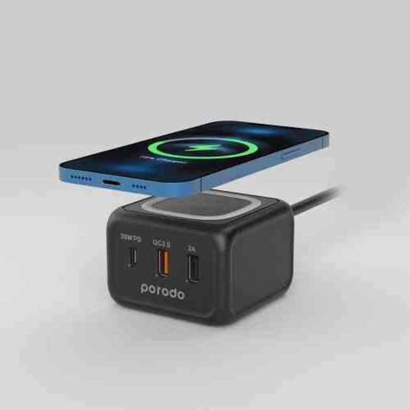 Porodo Desktop Charger with 3-Ports Fast Wireless Charger PD-FWCH005-BK – Black