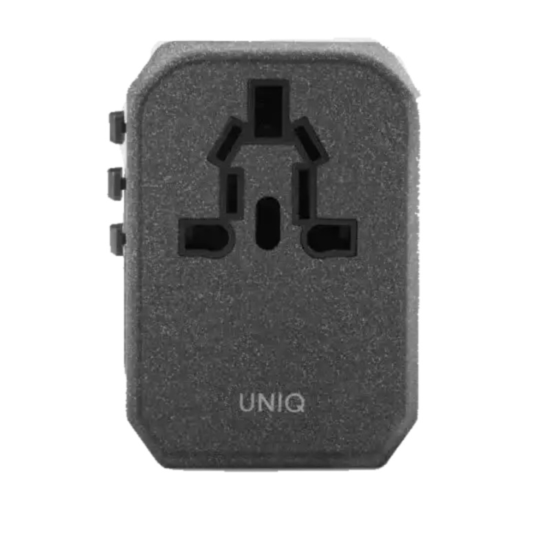 UNIQ VOYAGE PDUniqWORLD TRAVEL ADAPTER WITH 2 USB PORTS AND USB C PORT CHARACOL GRAYBLACK