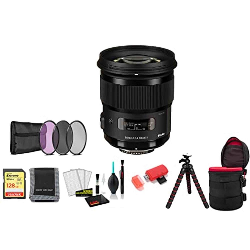 Sigma 50mm f/1.4 DG HSM Art Lens for Nikon F with 128GB Memory Card and Filter Kit (International Model)