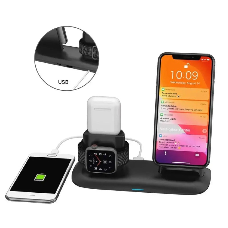 Porodo 4 in 1 Charging Station 7.5W/10W for iPhone / Apple Watch / Airpods – Black