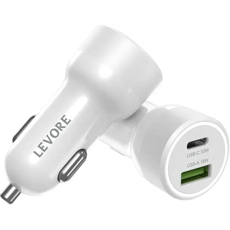 Levore Car Charger 51W 1XUSB-C PD and 1XUSB-A QC3 Port – White – LGC121-WH