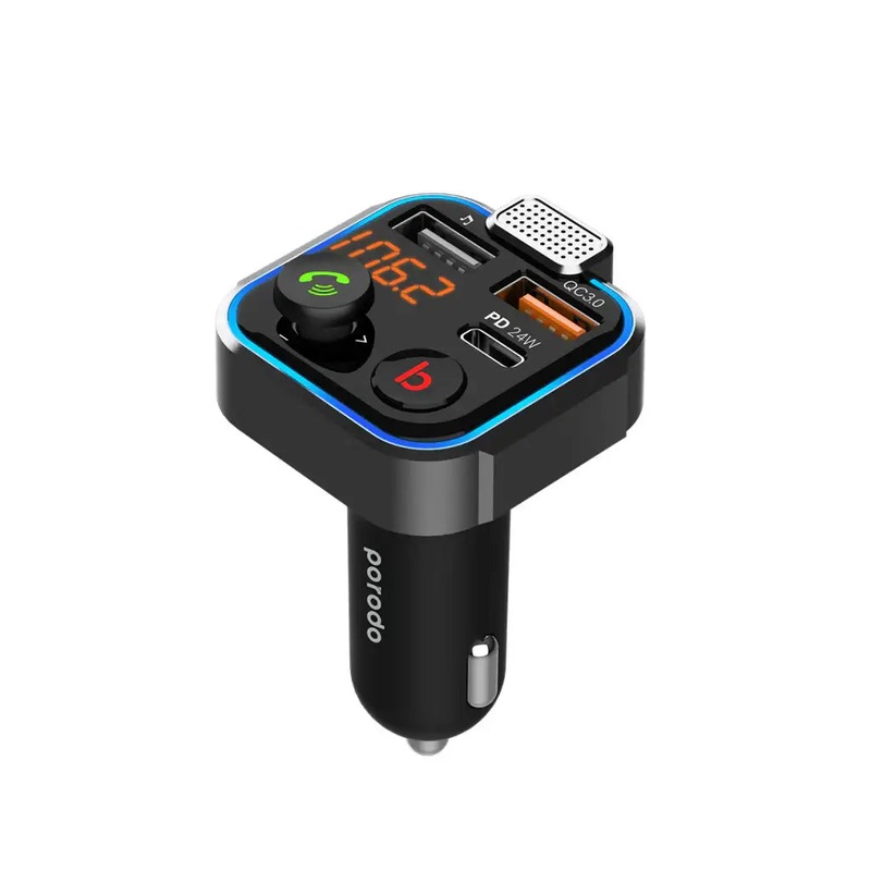 Porodo Smart Car Charger FM Transmitter with 24W PD Port & QC 3.0 – Black PD-FM42WBB-BK  –