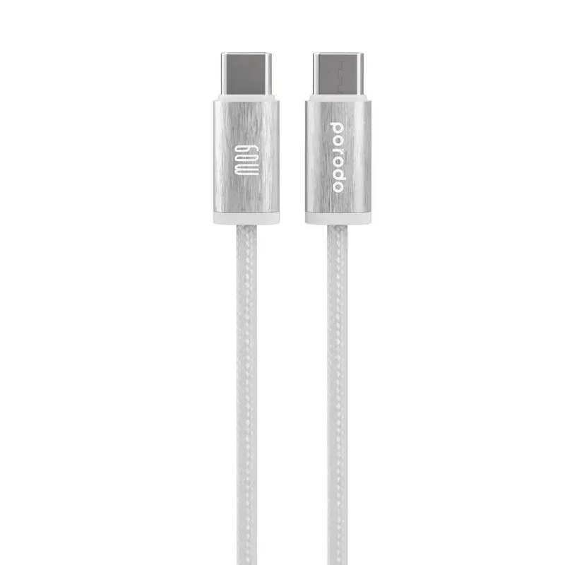 Porodo Woven Braided USB-C To Type-C Cable Data & Fast Charge Aluminum Shell 1.2m/4ft White